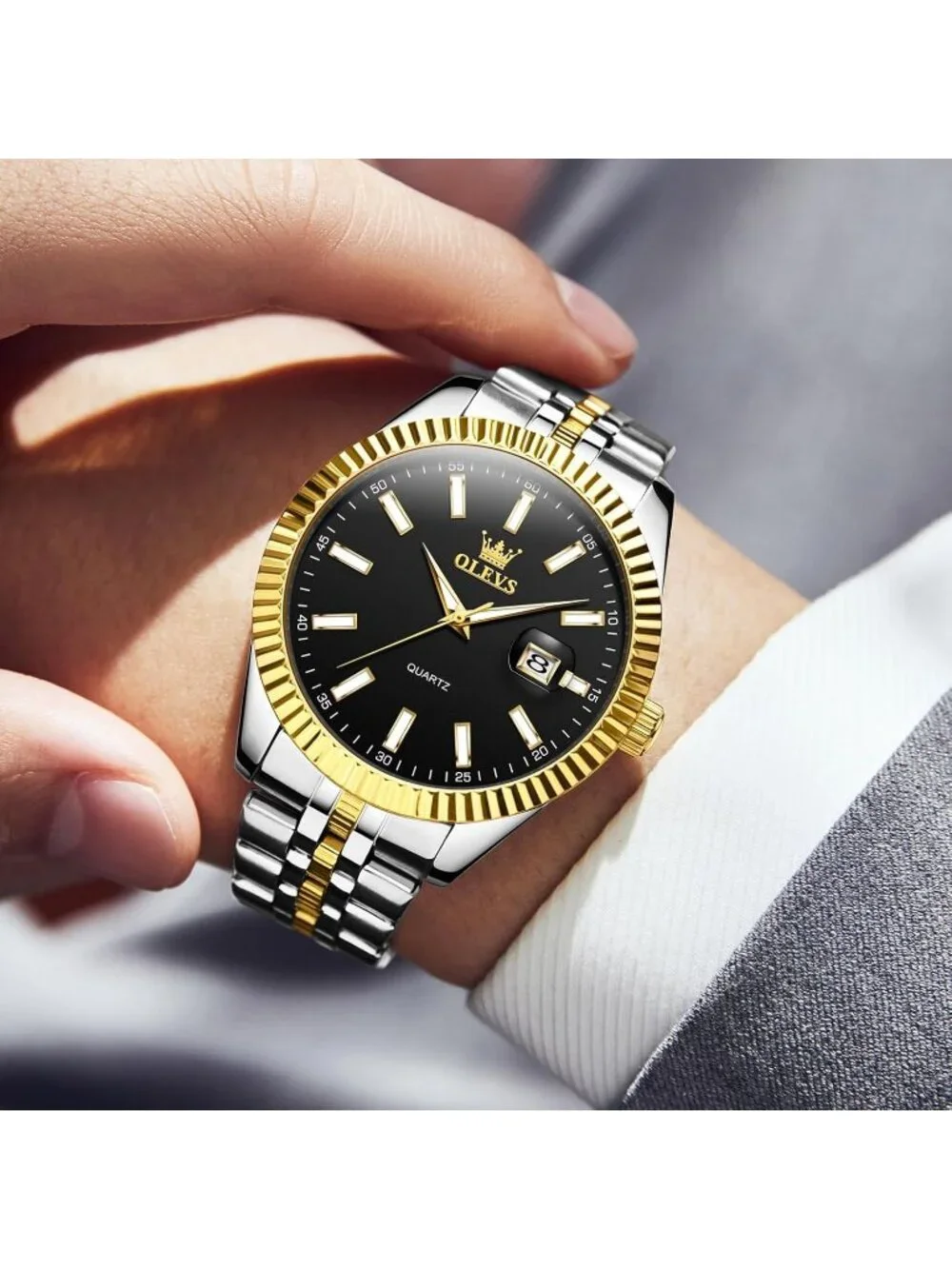 Olevs Men's Silver Gold Luxury Stainless Black Face Analog Quartz Luminous Watch